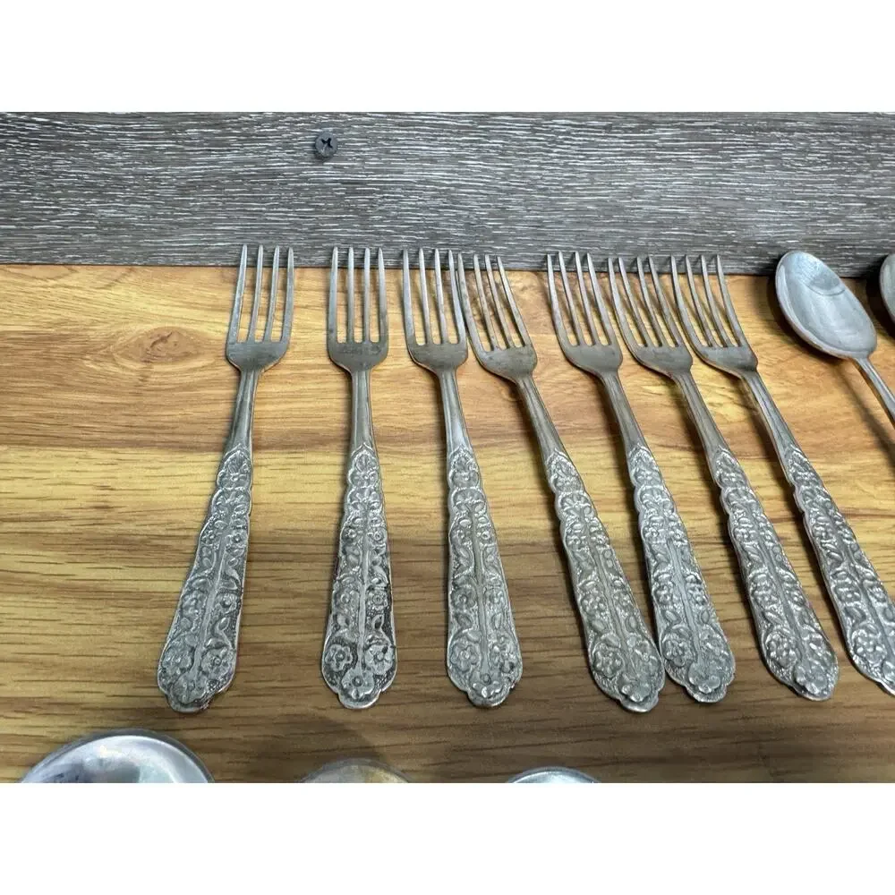 Antique German Silver Alpacca Flatware Set (32 Pieces) - Ornate Scroll Design